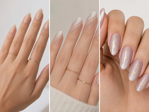 Three press-on sets on hands: Cashmere Nude Almond, Champagne Round, and Lilac Pearl Almond