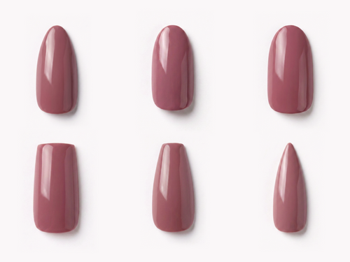 Six press-on nail shapes: almond, oval, round, square, coffin, and stiletto