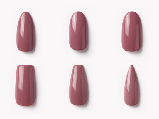 Six press-on nail shapes: almond, oval, round, square, coffin, and stiletto