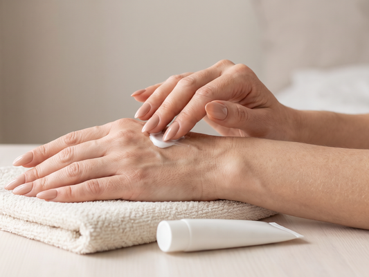 Hands with nude almond press-on nails applying hand cream