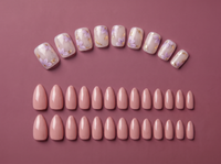 A Signature set of ten floral press-on nails above an Essentials set of twenty-four nude almond nails on a mauve background