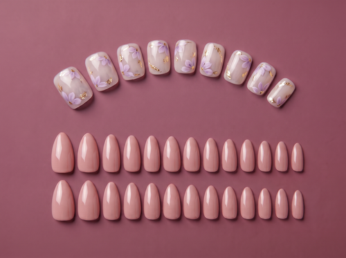 A Signature set of ten floral press-on nails above an Essentials set of twenty-four nude almond nails on a mauve background