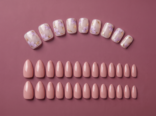 A Signature set of ten floral press-on nails above an Essentials set of twenty-four nude almond nails on a mauve background
