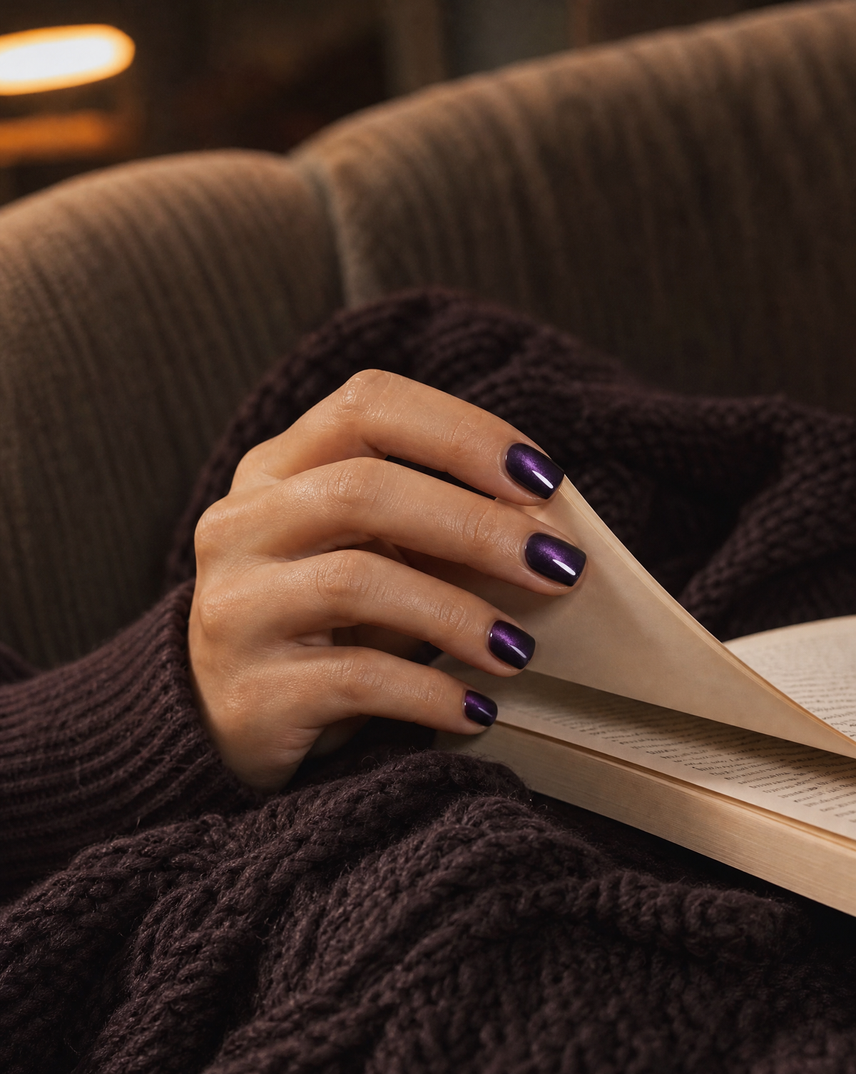 Hand with blackberry cat eye square press-on nails turning the page of a book