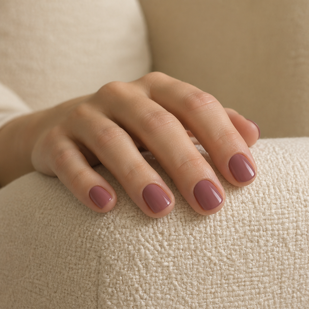 Hand modeling an extra short length press-on manicure in the color mauve