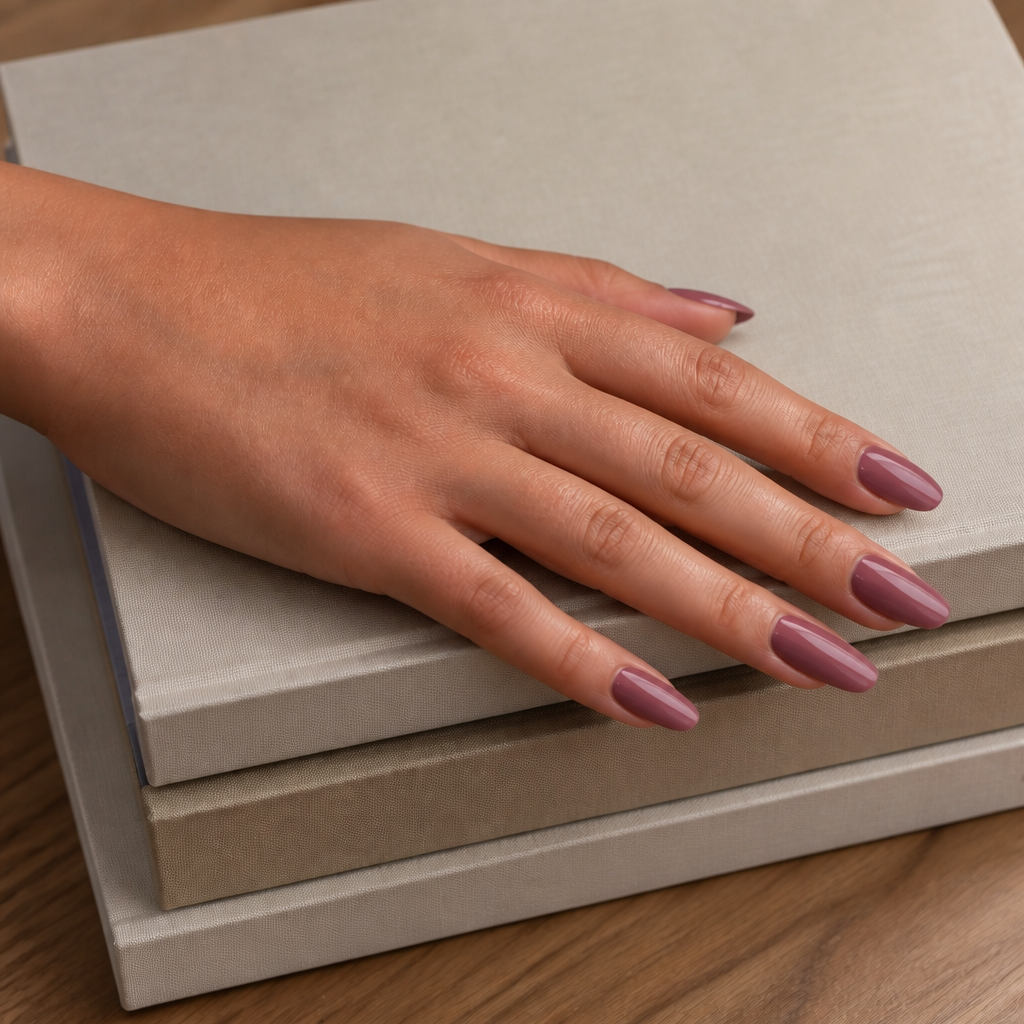 Hand modeling a medium length press-on manicure in the color mauve
