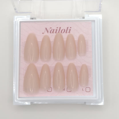 Set of beige false nails in a 'Nailoli' packaging on a light background
