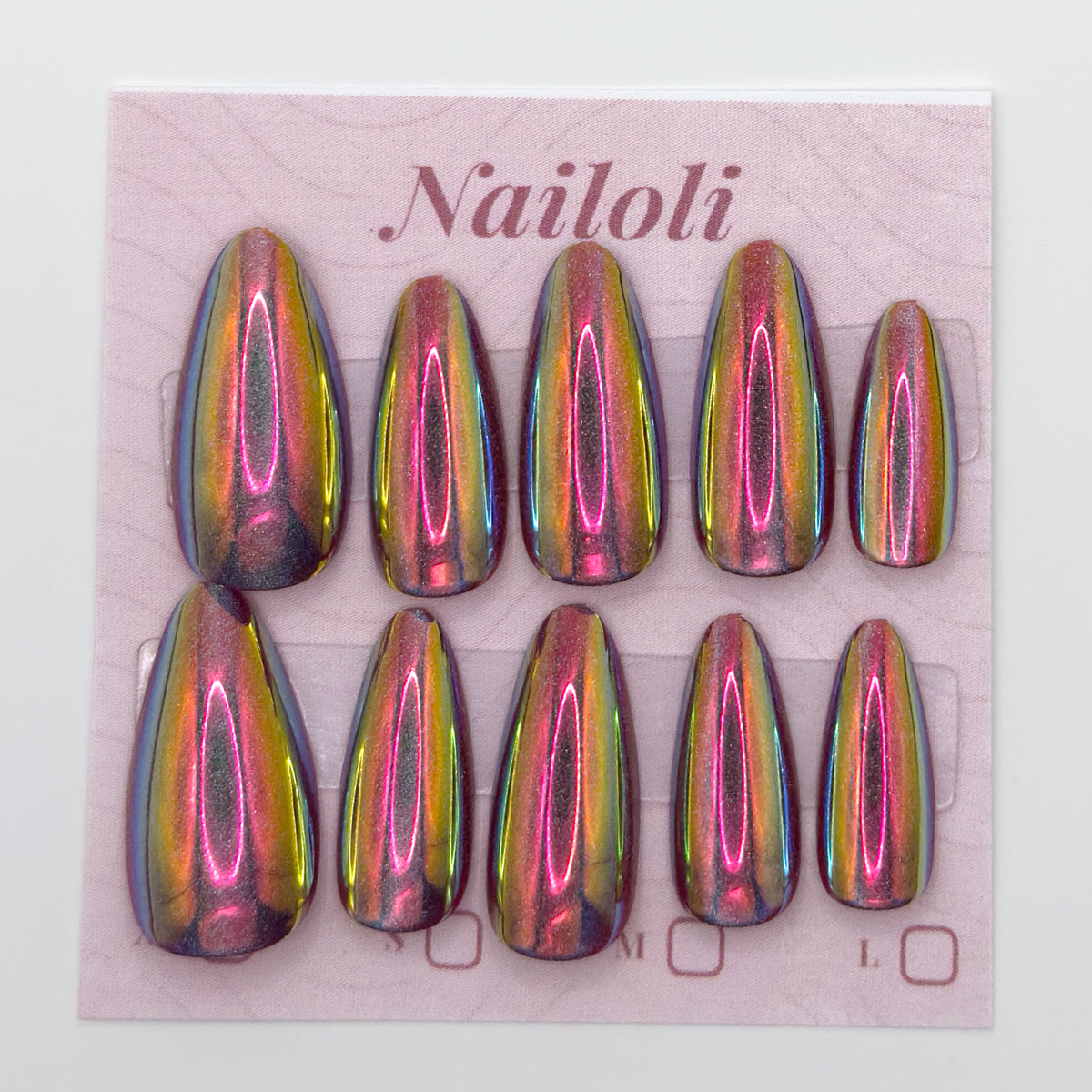 Set of colorful nail extensions on a 'Nailoli' branded card.