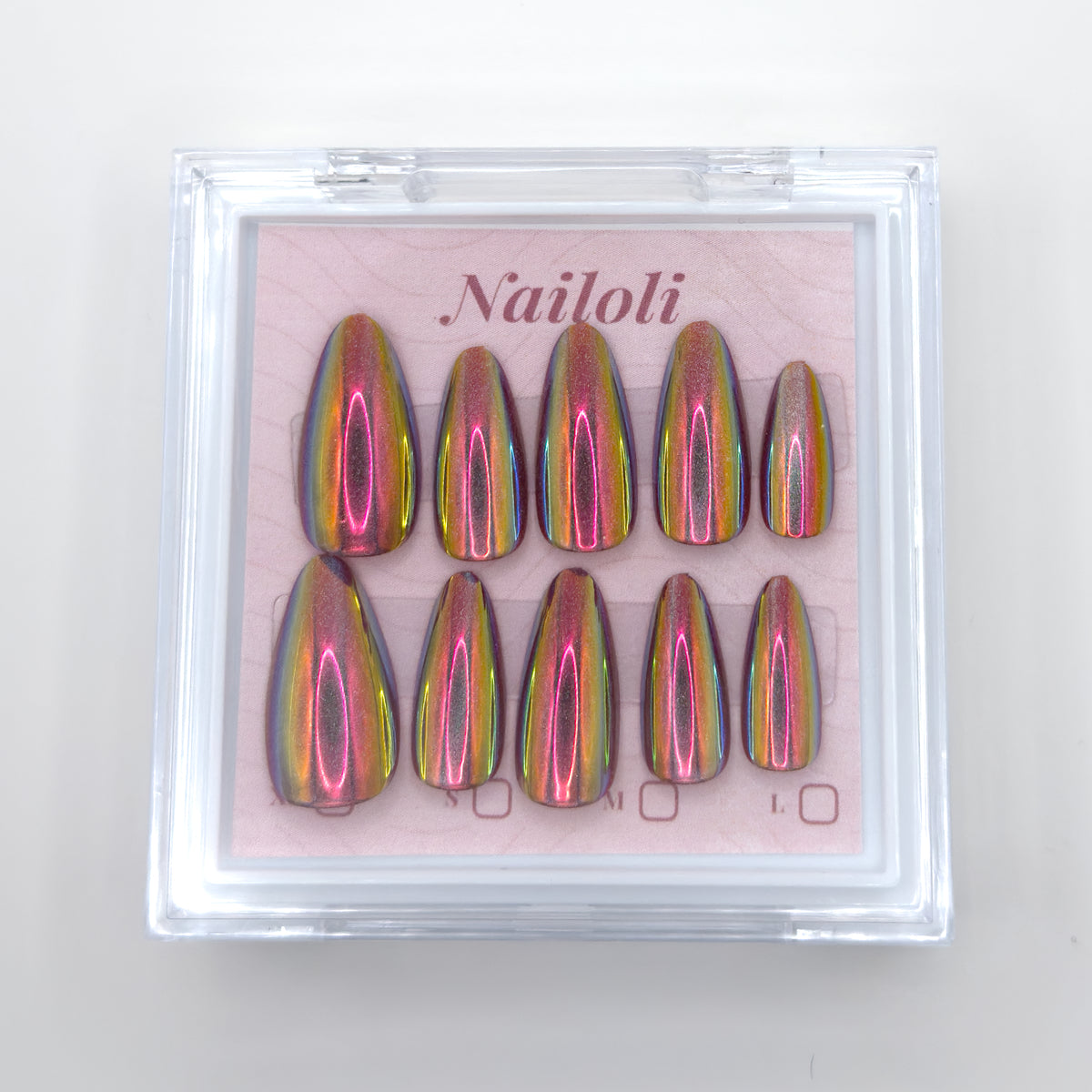 Set of colorful nail extensions in a clear display case with 'Nailoli' branding.