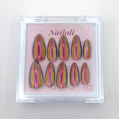 Set of colorful nail extensions in a clear display case with 'Nailoli' branding.