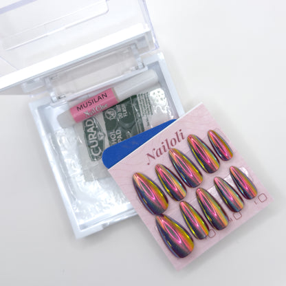 Set of colorful false nails with a clear case on a white background
