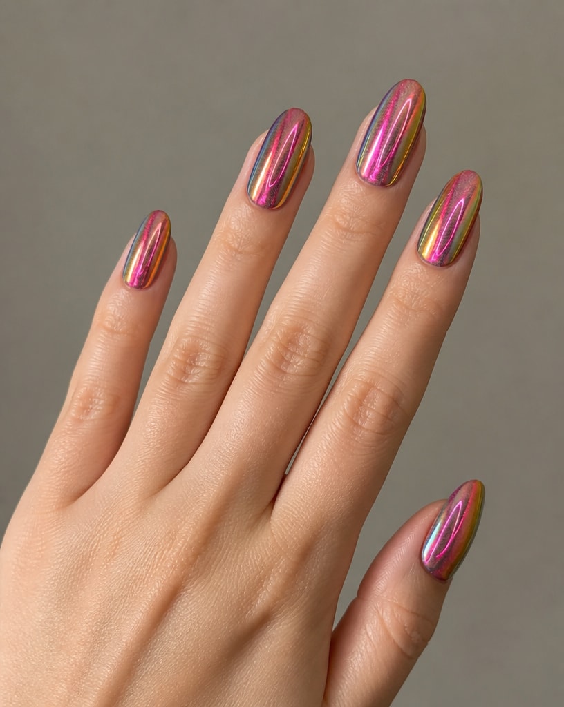 Hand with multicolored striped nail polish on a neutral background