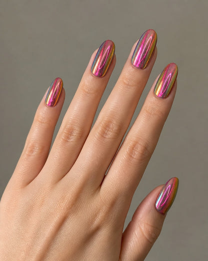 Hand with multicolored striped nail polish on a neutral background