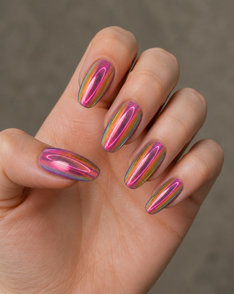 Hand with multicolored metallic nail design on a blurred background