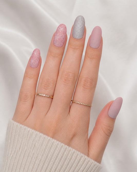 Hand with pink and gray glittery nails on a white background