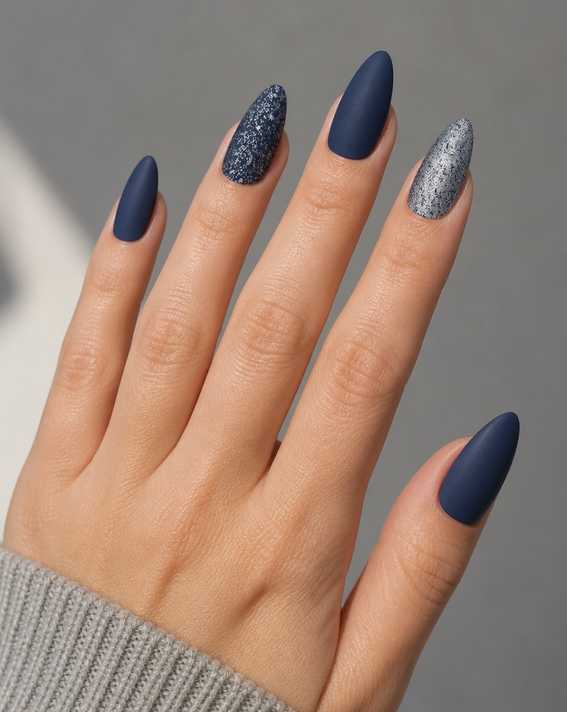 Hand wearing matte navy almond press-ons with silver and navy glitter accent nails