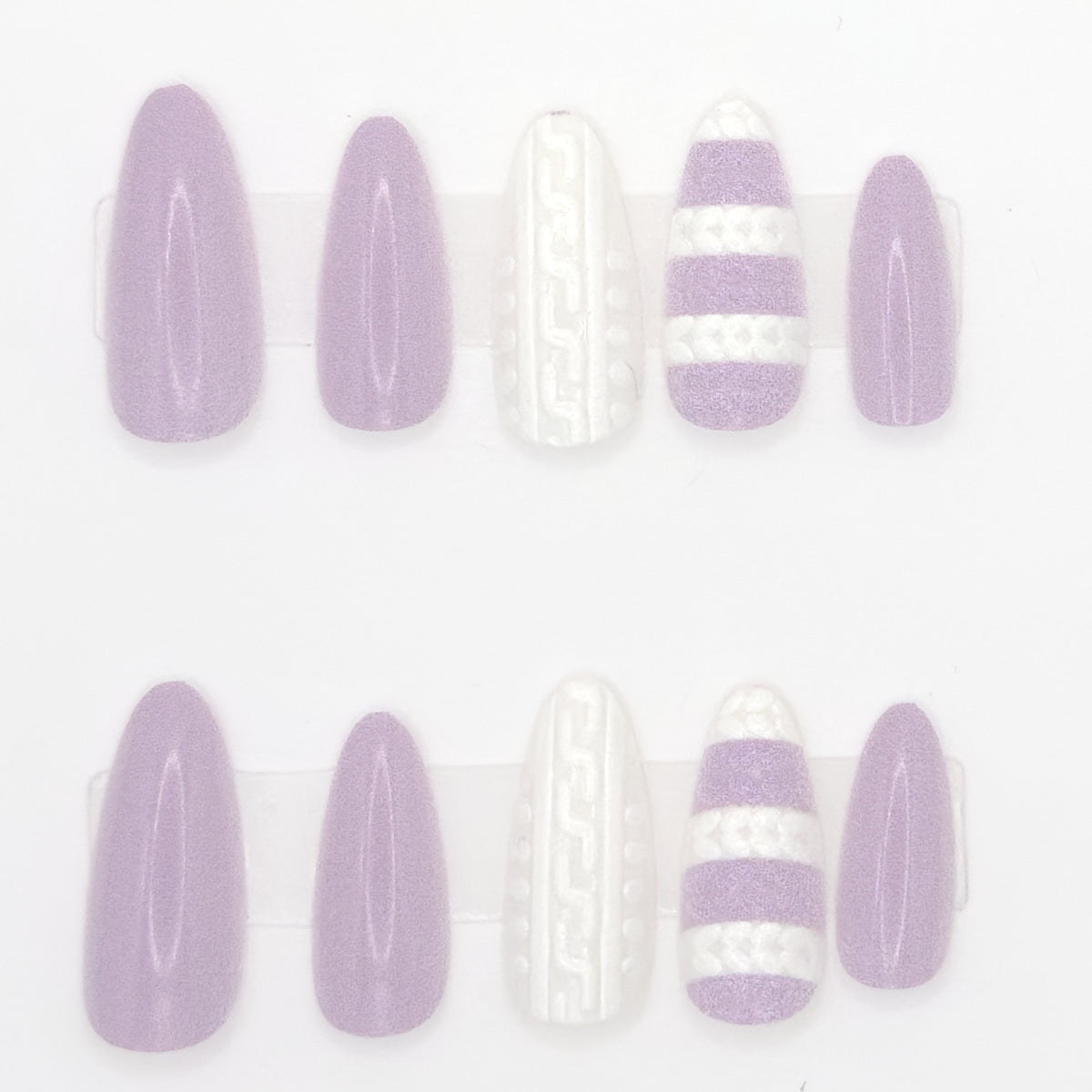 Set of lavender and white nail art designs on a white background