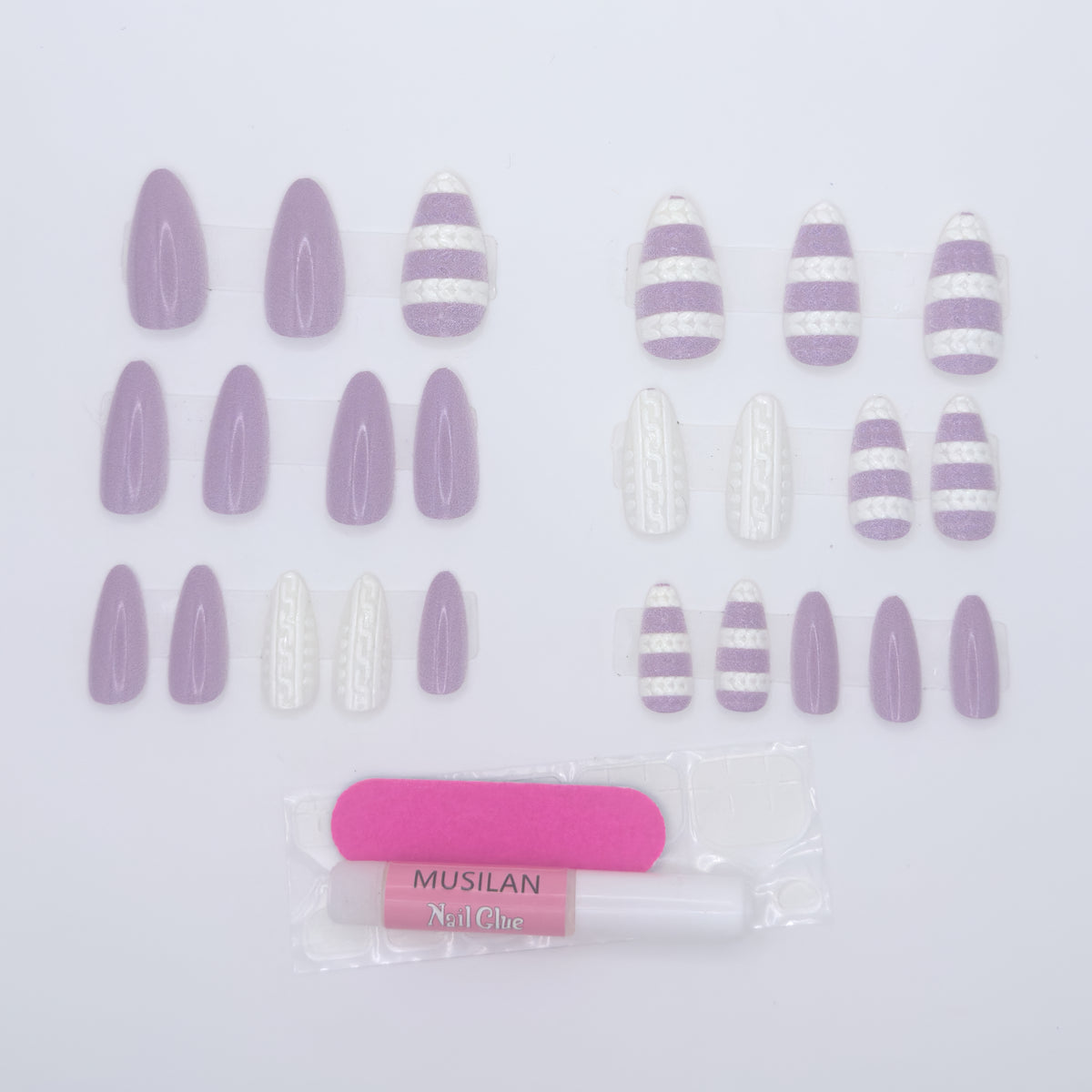 Set of purple and white striped nail art stickers with a pink tool on a light gray background