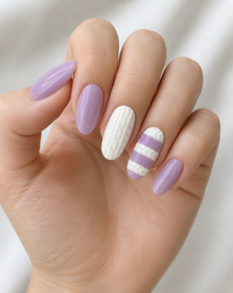 Hand with purple and white striped nail design on a neutral background