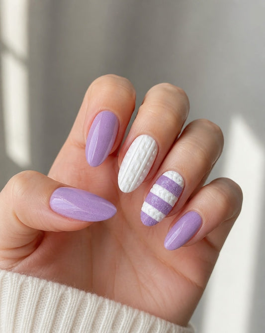 Hand with purple and white striped nails against a neutral background