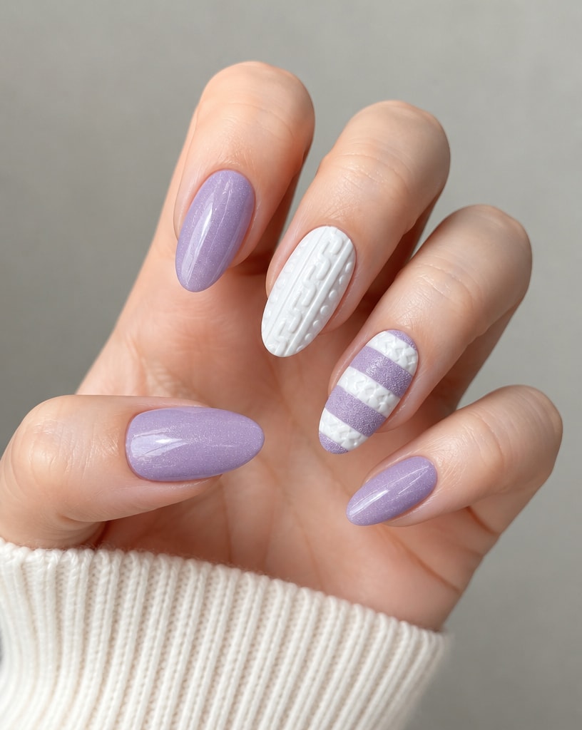 Hand with purple and white striped nail art on a neutral background