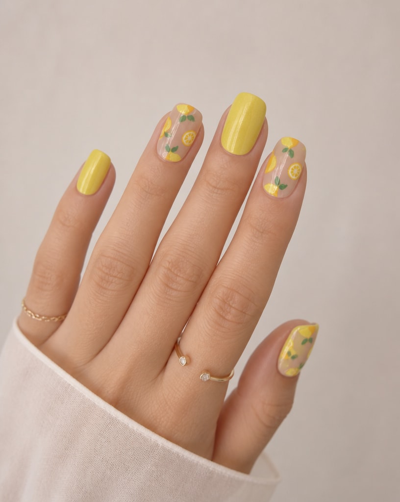 Hand with yellow nail polish and floral designs on a neutral background
