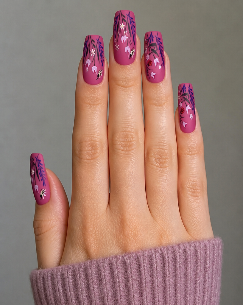 Hand in a mauve knit sleeve wearing long magenta press-ons with purple wisteria and white flowers