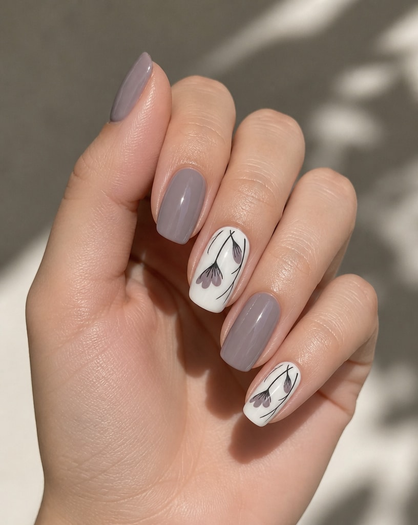Hand wearing taupe square press-ons with a white accent nail of mauve tulip line art