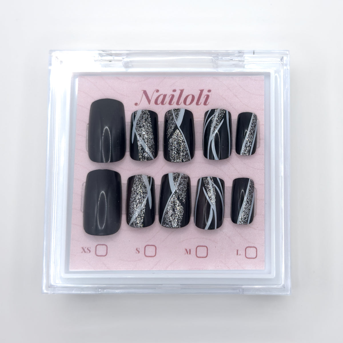 Glossy black set on its backing card inside the closed clear Nailoli case