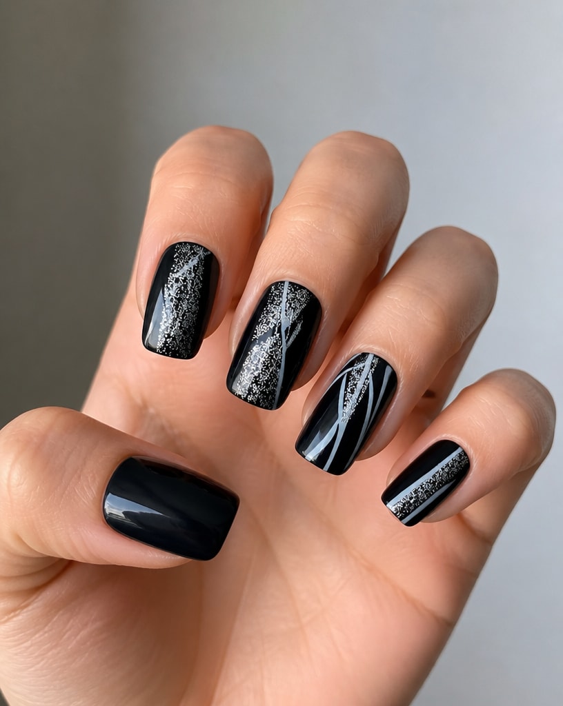 Hand wearing glossy black square press-ons with silver glitter streak and white swirl accents