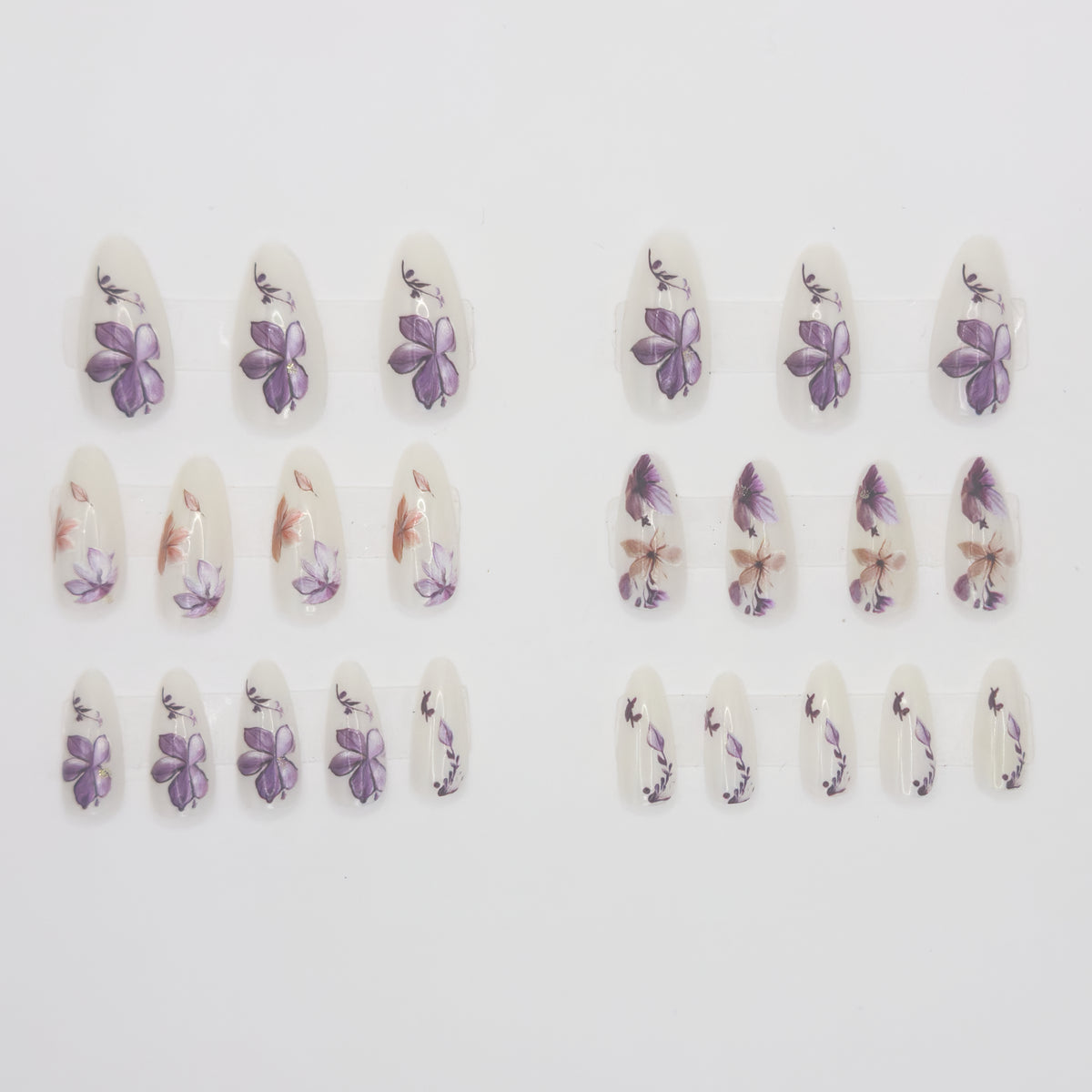 Full stiletto floral set laid out in rows from largest to smallest size