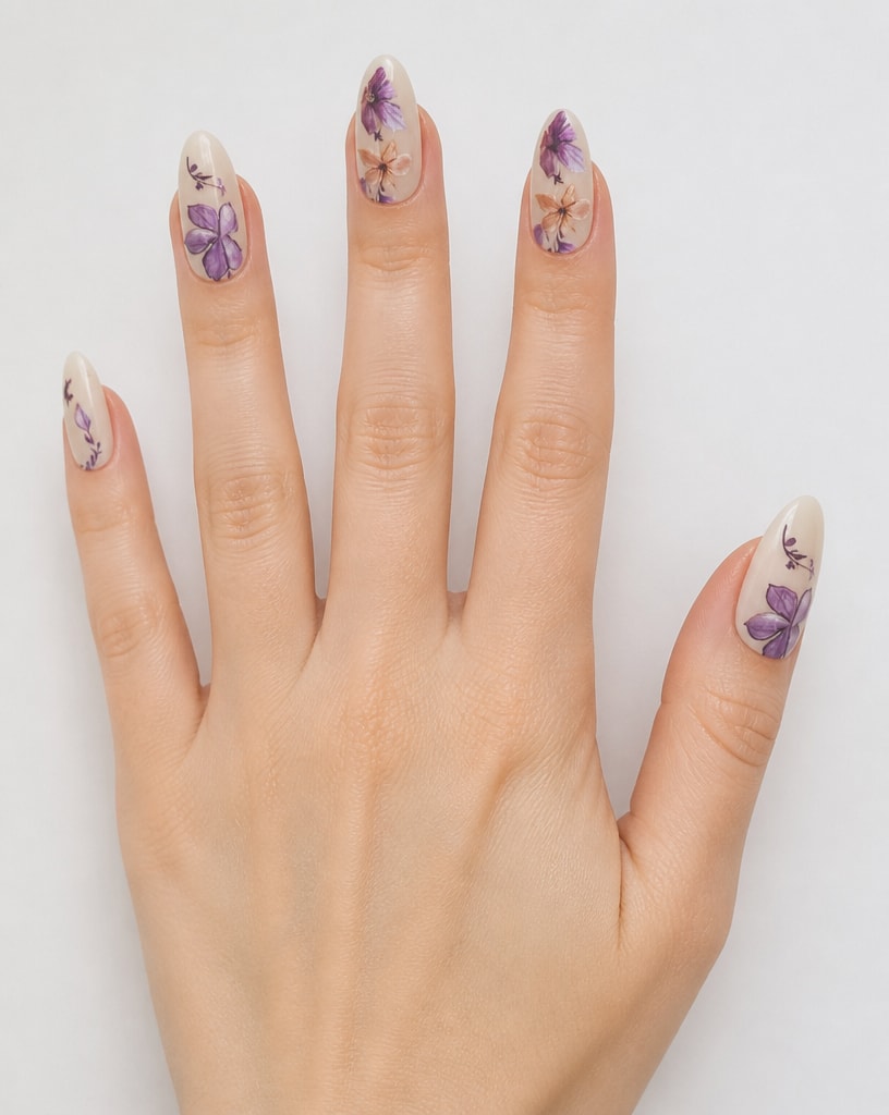 Hand wearing milky stiletto press-ons with purple and peach watercolor floral art