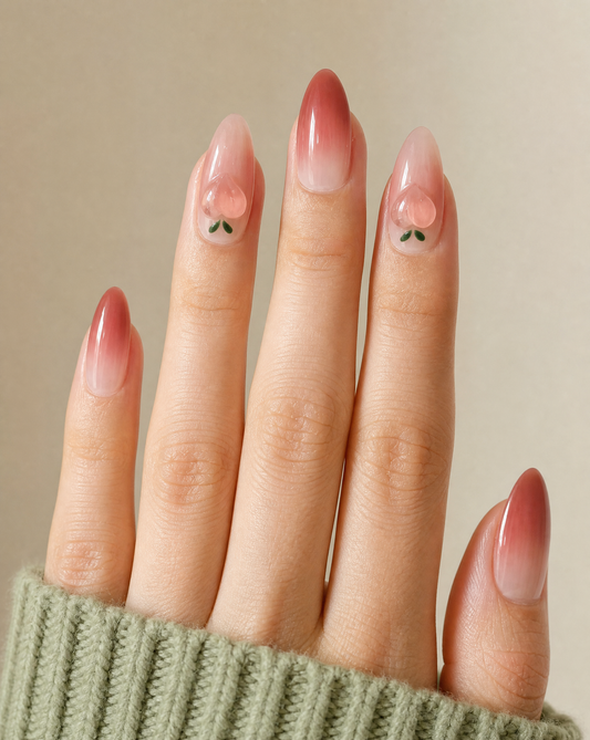 Hand in a sage knit sleeve wearing medium berry blush ombre almond press-ons with two heart-shaped peach accents