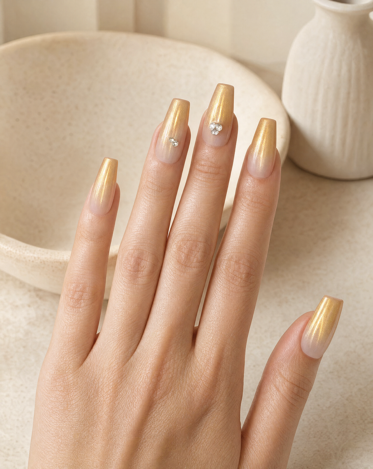 Hand wearing long champagne gold coffin press-ons with gemstone accents beside a ceramic bowl