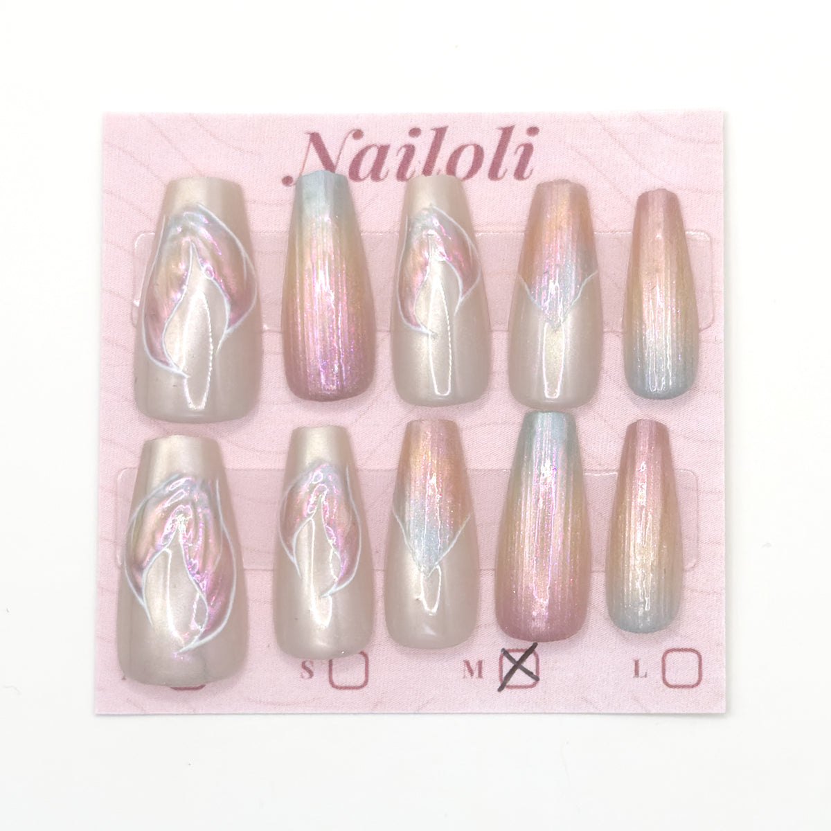 Pearl aurora nails on the pink Nailoli backing card