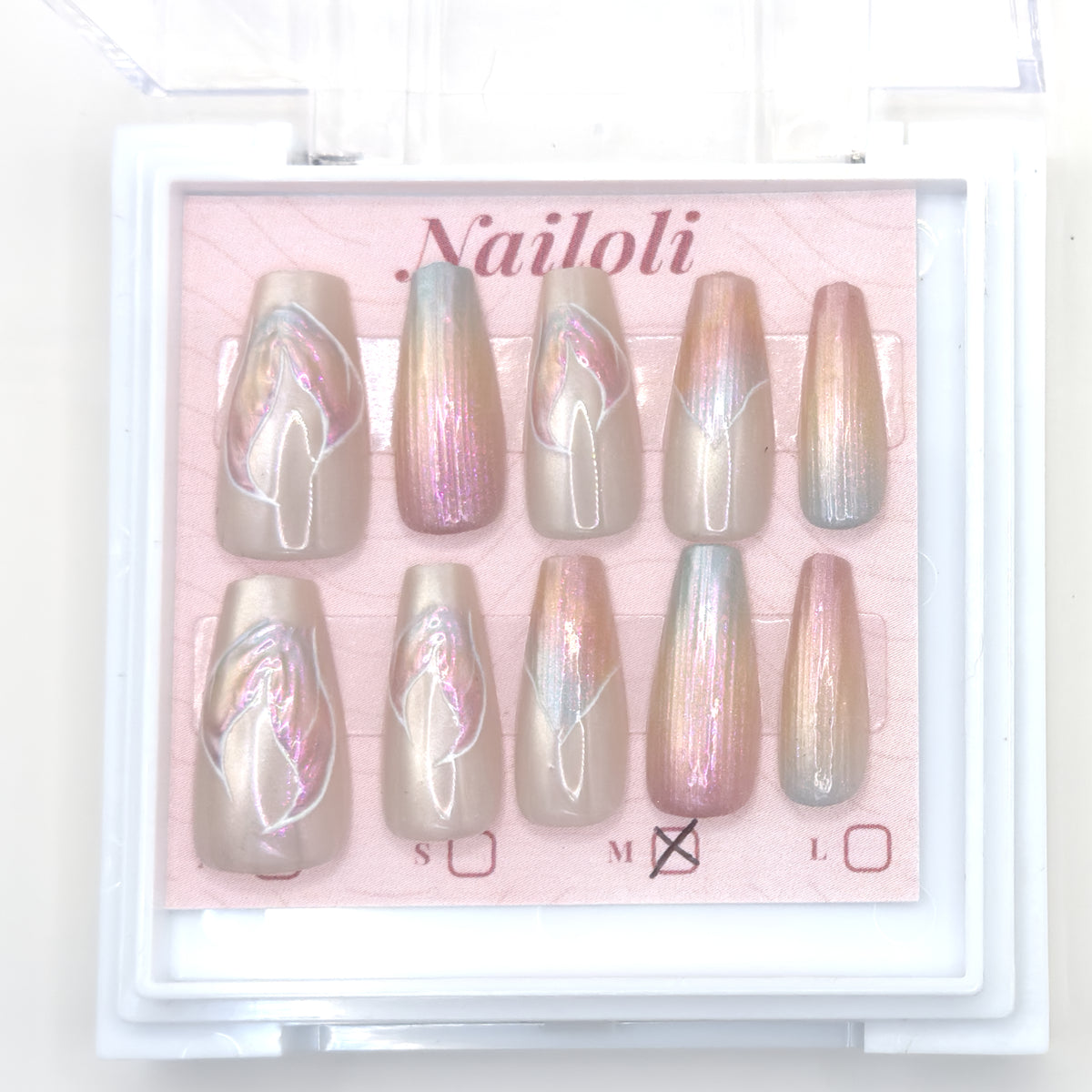 Pearl aurora set on its backing card inside the open clear Nailoli case
