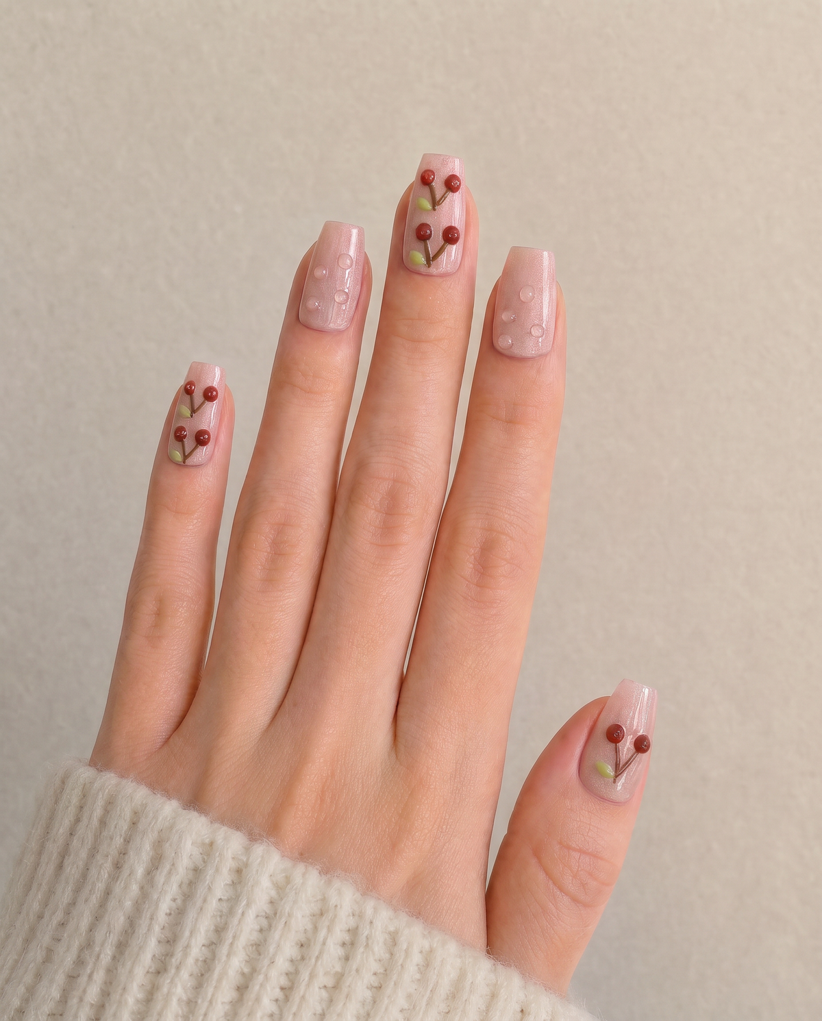 Hand in a cream knit sleeve wearing sheer blush coffin press-ons with painted cherries