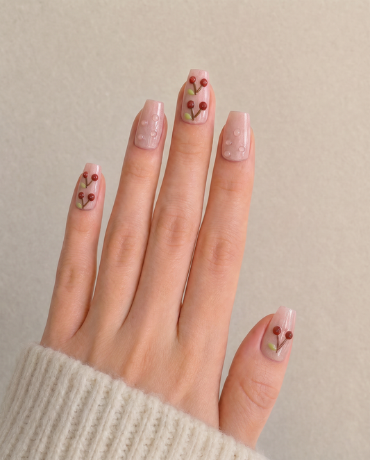Hand in a cream knit sleeve wearing sheer blush coffin press-ons with painted cherries