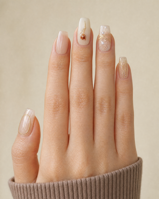 Hand in a mocha knit sleeve wearing short champagne nude coffin press-ons with a gold rose and gold wire details