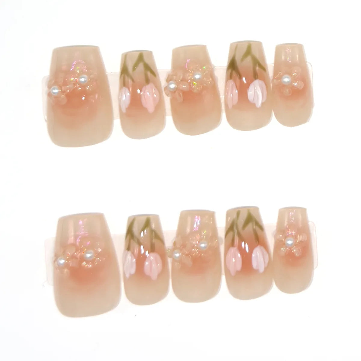 Ten short coffin press-ons in sheer peach with white and pink 3D tulips and beaded pearl flowers