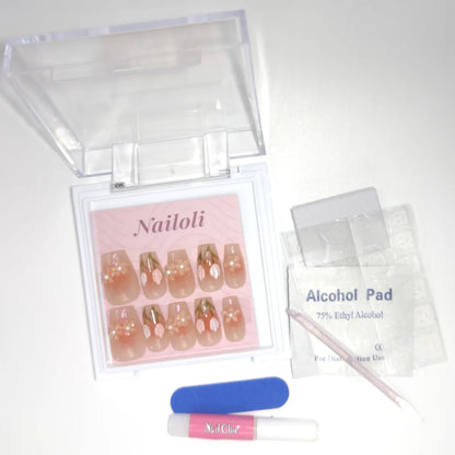 Sheer peach coffin set on its card with the clear case and application kit