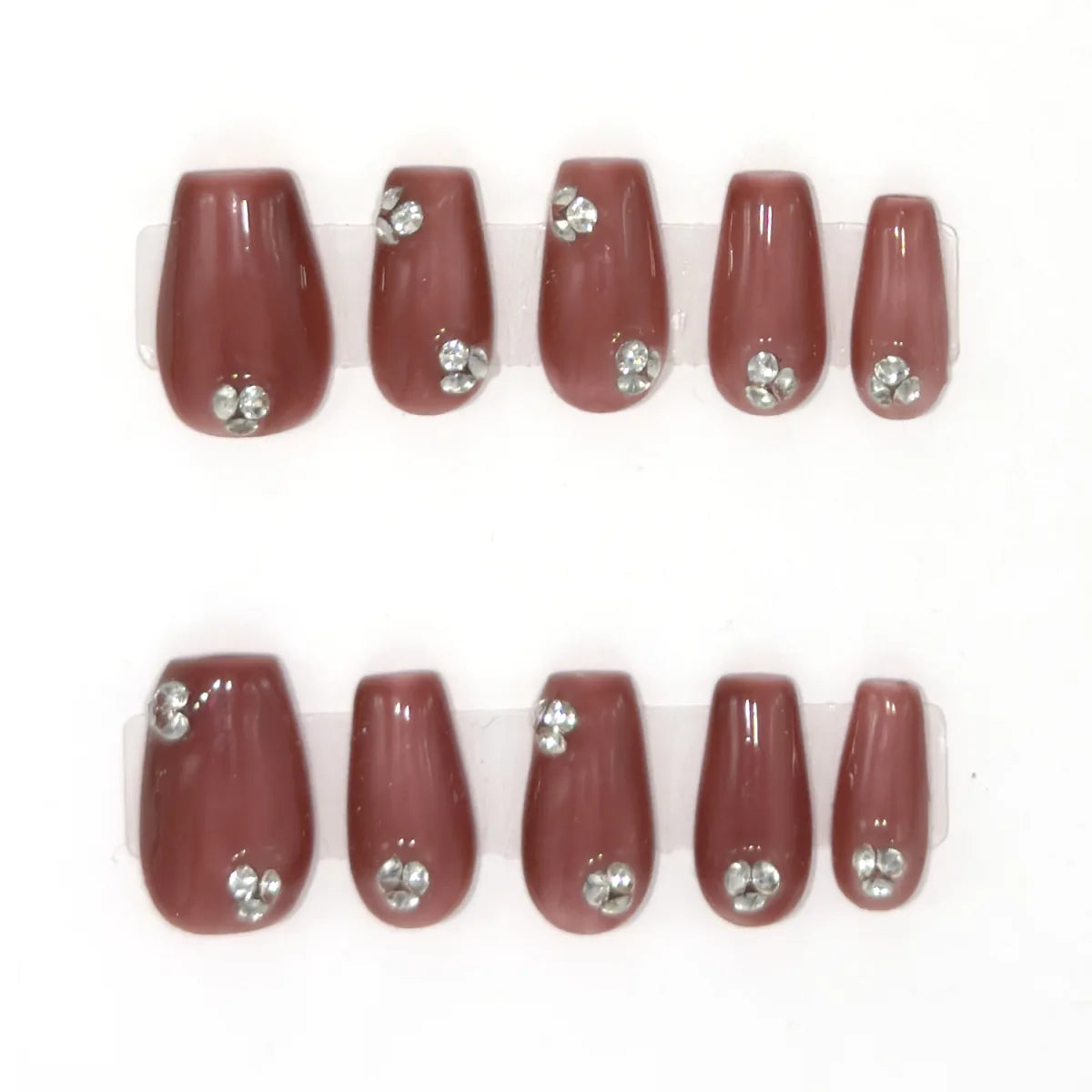 Ten short coffin press-ons in antique rose with clusters of clear gemstones
