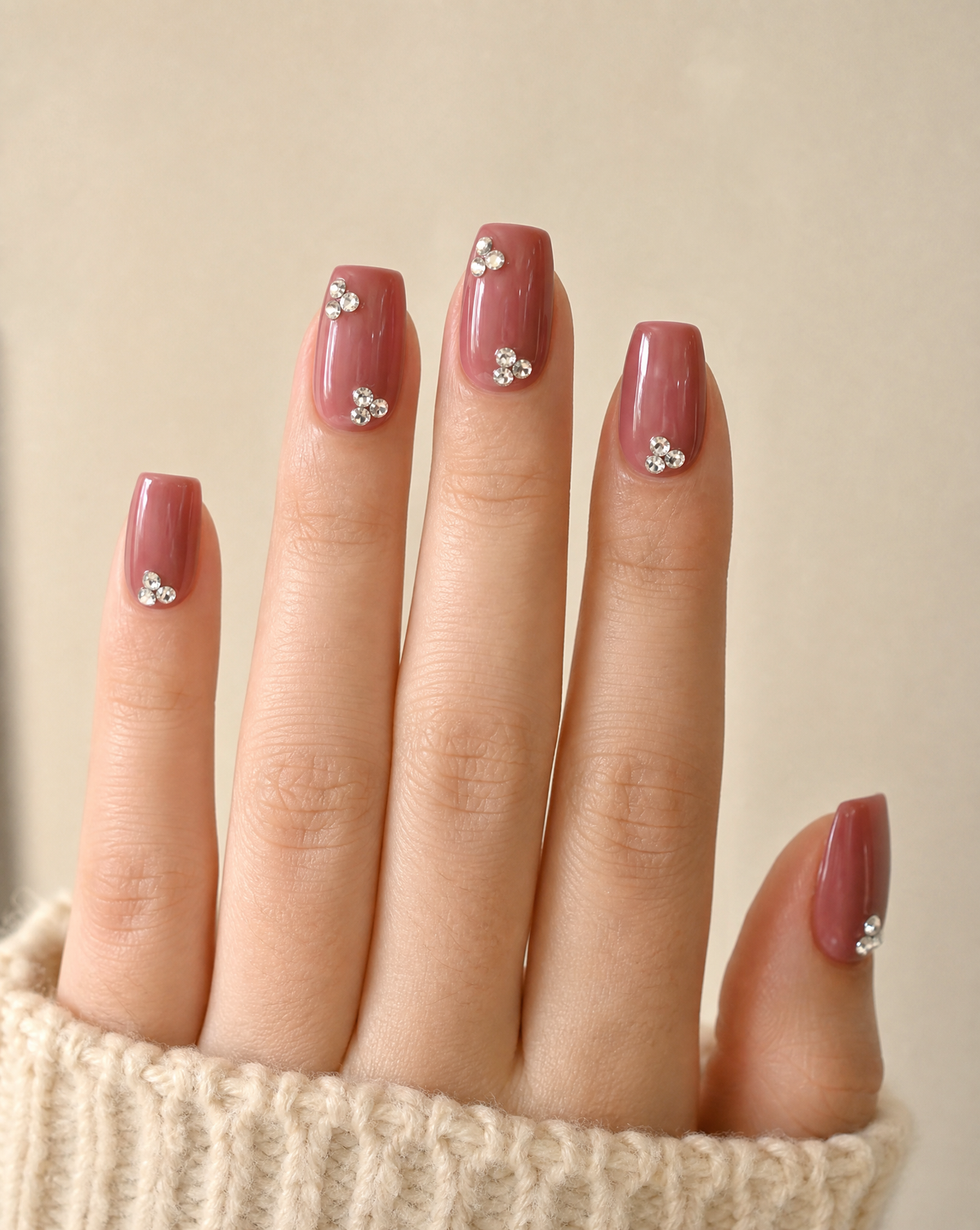 Hand in an oatmeal knit sleeve wearing short antique rose coffin press-ons with clear gemstone clusters