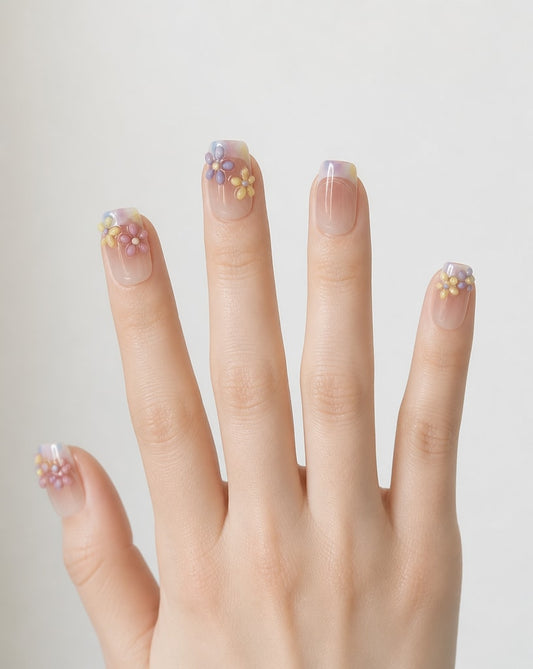 Hand wearing sheer pink square press-ons with iridescent tips and 3D pastel flowers