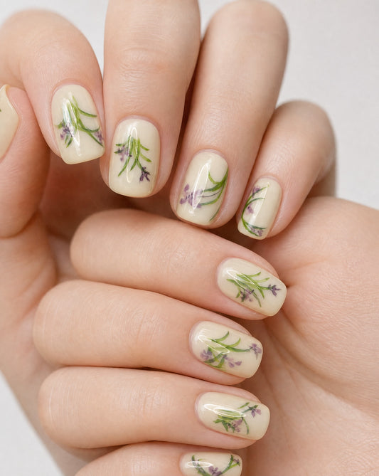 Hands wearing ivory square press-ons with painted lavender sprigs and green stems