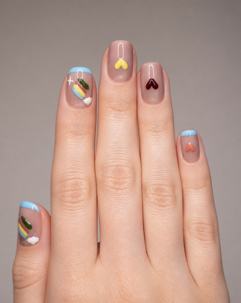Hand wearing sheer taupe square press-ons with blue French tips, painted hearts, and a rainbow nail