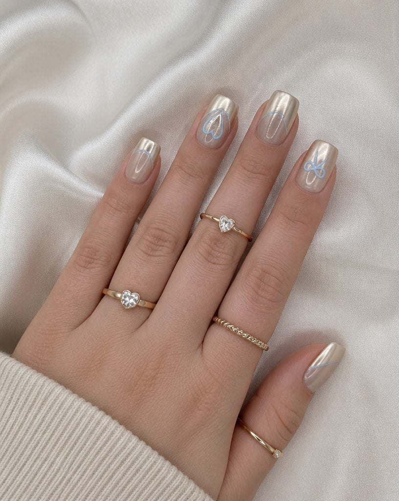 Hand with gold rings wearing champagne chrome square press-ons with pastel heart and bow line art