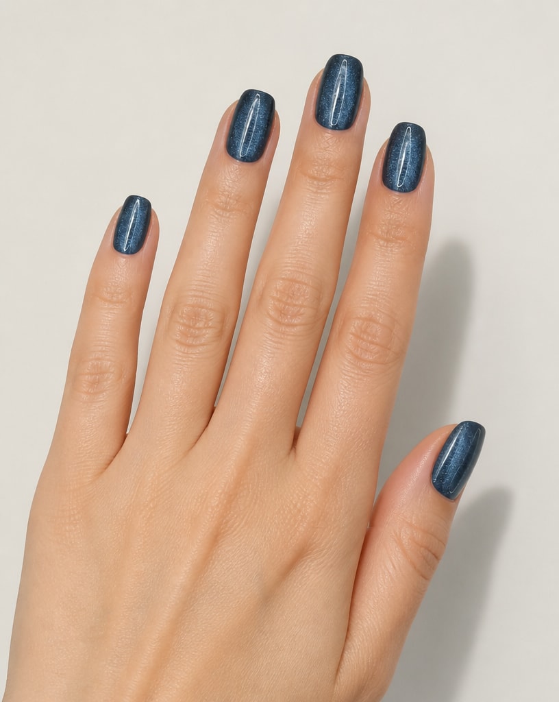 Hand wearing midnight blue cat eye square press-on nails with a shimmering light streak
