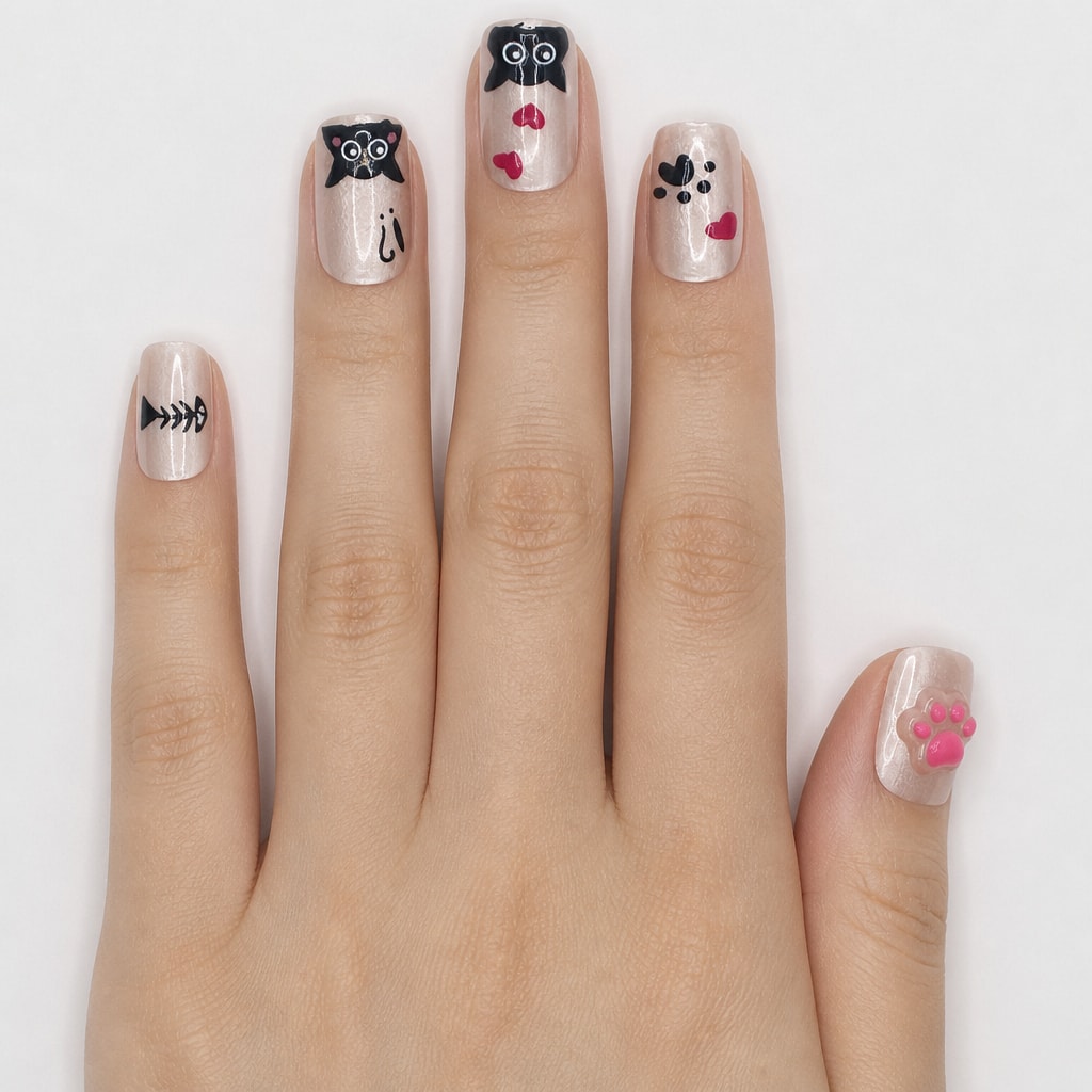 Hand wearing champagne square press-ons with black kawaii cats, a pink 3D paw, and fish bones