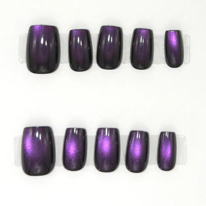 Ten extra short square press-ons in blackberry with a violet cat eye shimmer